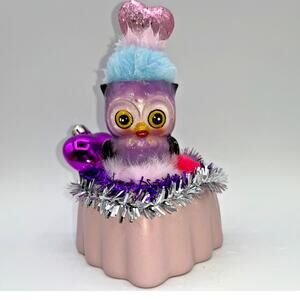 Vintage Purple Ceramic Owl Valentine Day Pink Heart Poofy Hat Fur Princess OOAK